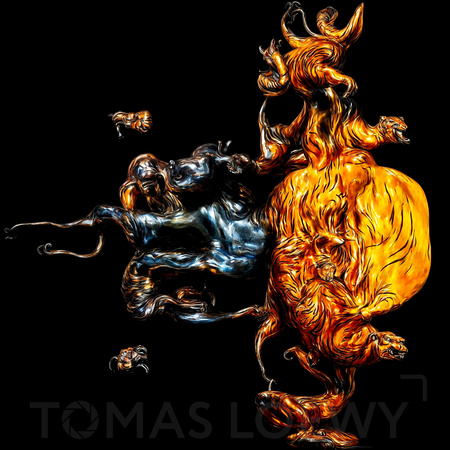 dali style of a photorealistic rendering of a stainless steel sculpture of a burning tiger, set inside salvador dali's painting the american dream discoduck1